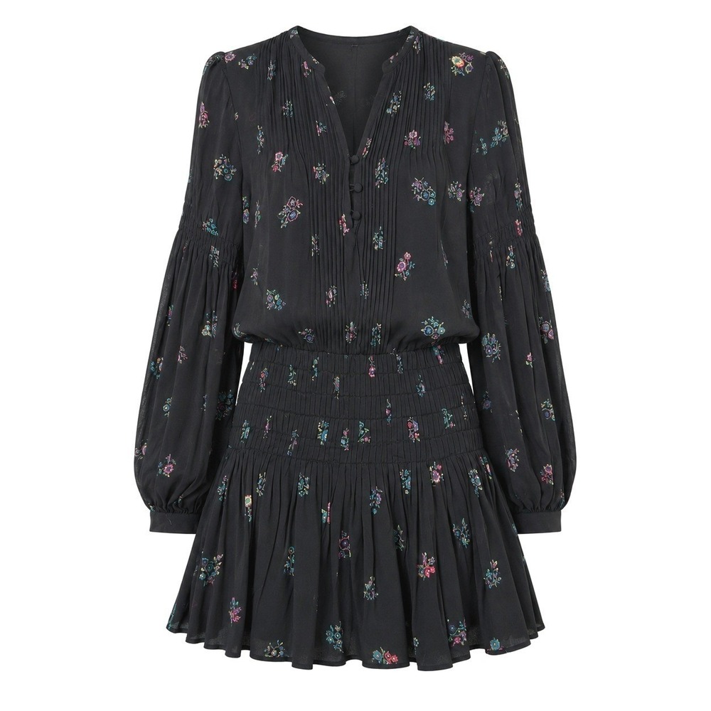 Veronica Beard Alden 100% Silk Mini Dress Women's 2 Black Floral Smocked Boho
